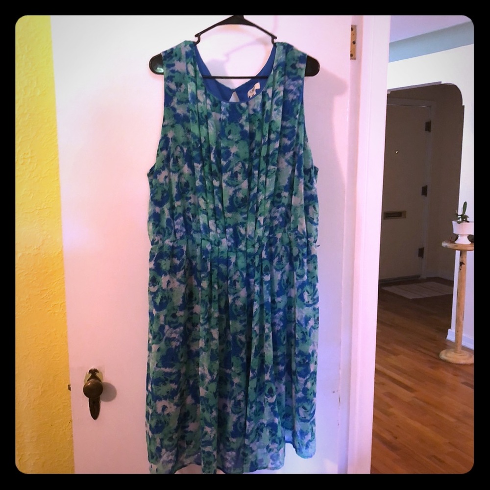 Blue and Green Fit and Flare abstract print dress